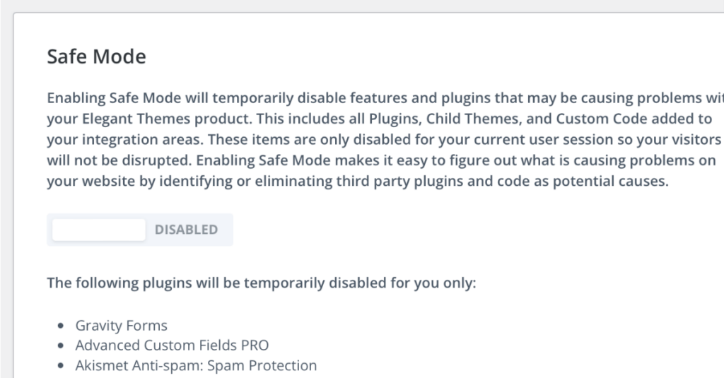 Divi Safe Mode for resolving plugin conflicts in Divi maintenance and support