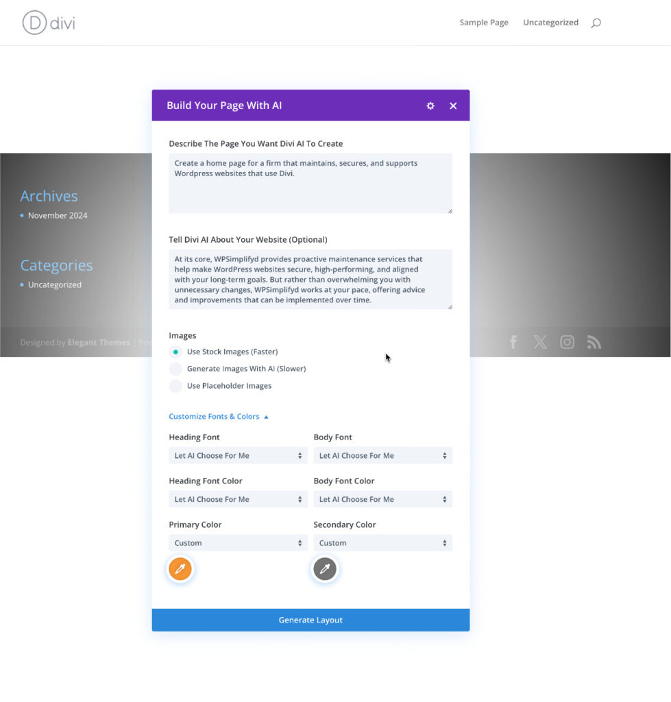 Divi AI Website Builder - Describe New Page