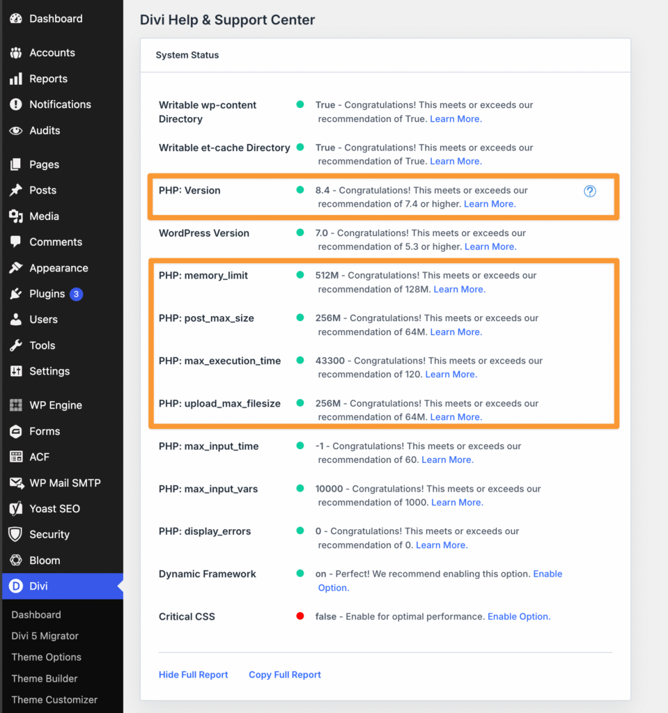Divi System Status screenshot